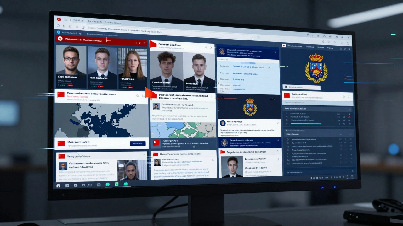A digital surveillance screen showing recycled escort ads with red flags and AI analysis tags.