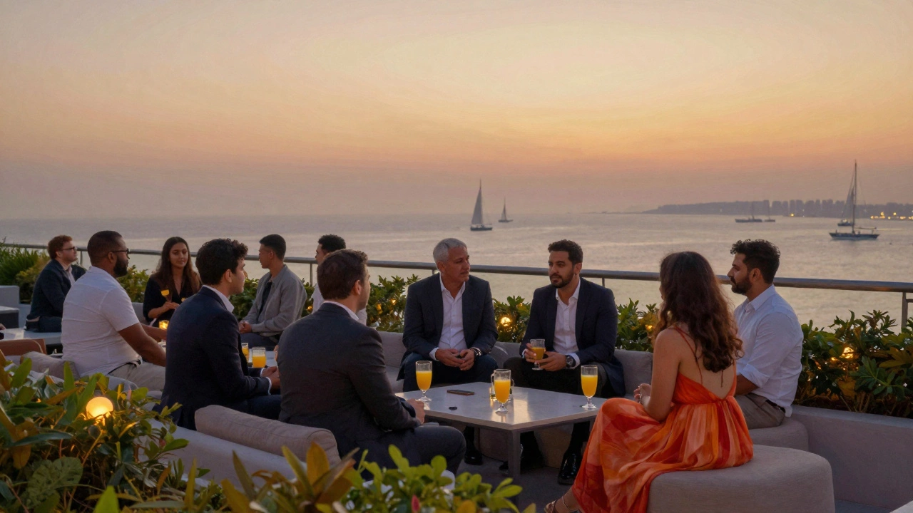 A diverse group sharing stories on a rooftop garden in Dubai at sunset.