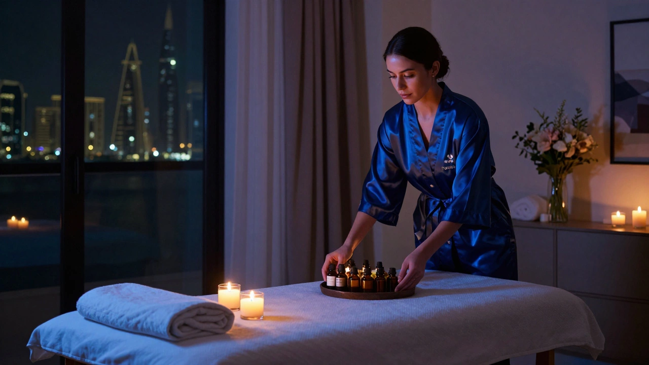 A professional companion preparing a calming massage environment with candles and oils.