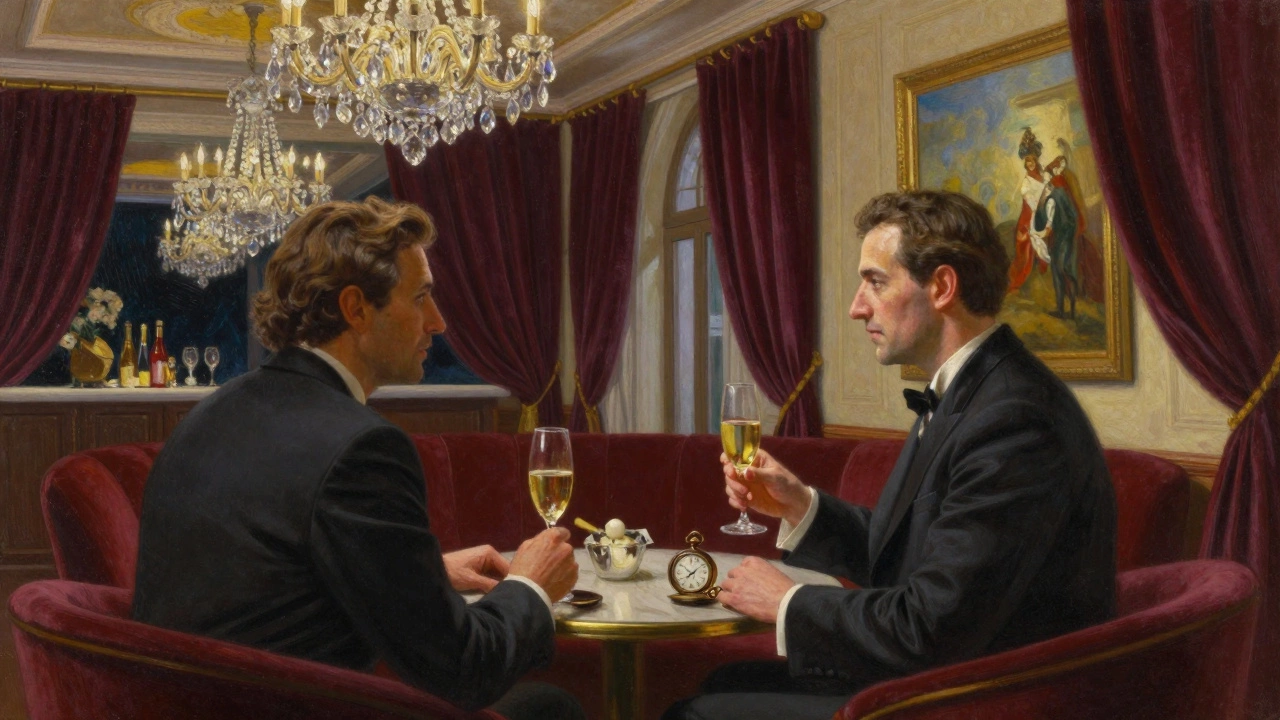 Two elegant individuals sharing a quiet conversation over champagne in a refined Monaco social club.